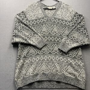 Liz Claiborne Women Medium Silk Blend Sweater Gray Fair Isle V Neck Vintage